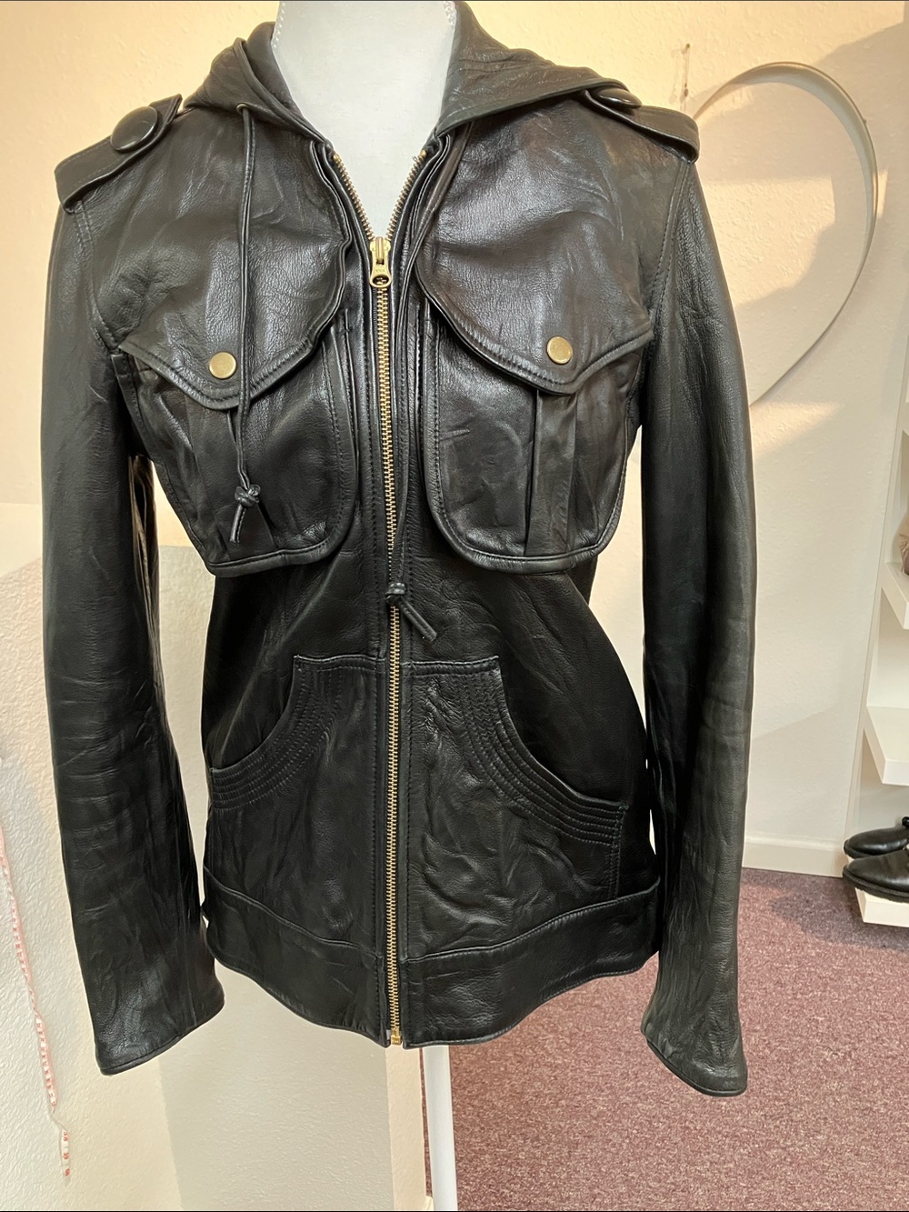 Mike & Chris Black Leather Hooded Jacket Lined Zip Up Size M